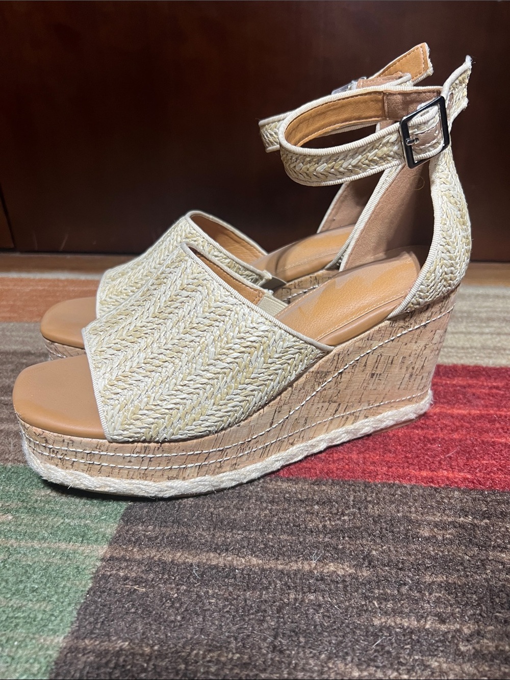 Ankle-Strap Woven Espadrille Wedge Sandals - Cream